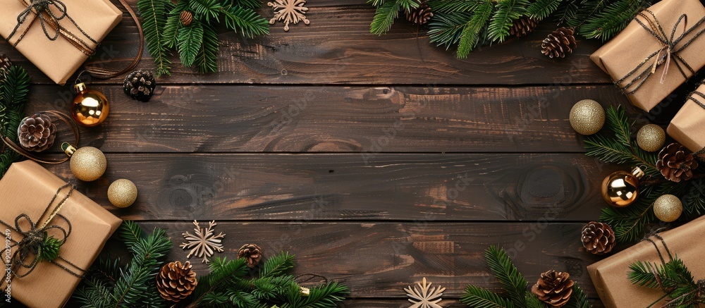 Aufkleber festive holiday arrangement with gifts evergreen branches and ornaments on a rustic wooden backdrop 