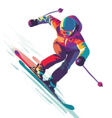 Obraz premium Colorful illustration of a skier racing down a slope with dynamic motion lines, showcasing an energetic and vibrant style