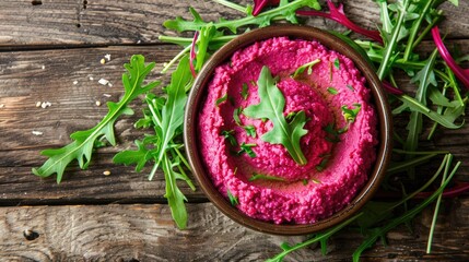 DIY vegan pink hummus snack with arugula on wooden surface