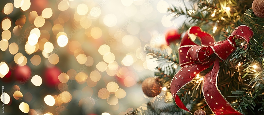 Fototapete A festive red ribbon decorates the Christmas tree creating a charming focal point against a backdrop of twinkling lights and ornaments perfect for a copy space image
