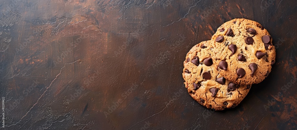 Poster a tasty cookie with chocolate chips rests on the table against a background of copy space image