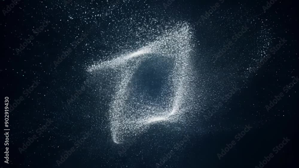 Poster The illusion of chaos as shapes rapidly dissolve into particles only to reassemble in a new unexpected pattern.