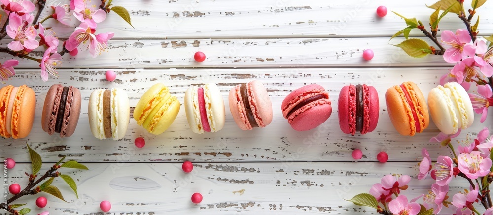 Poster various macaroons set against a light wooden backdrop with cherry branches providing a charming and 