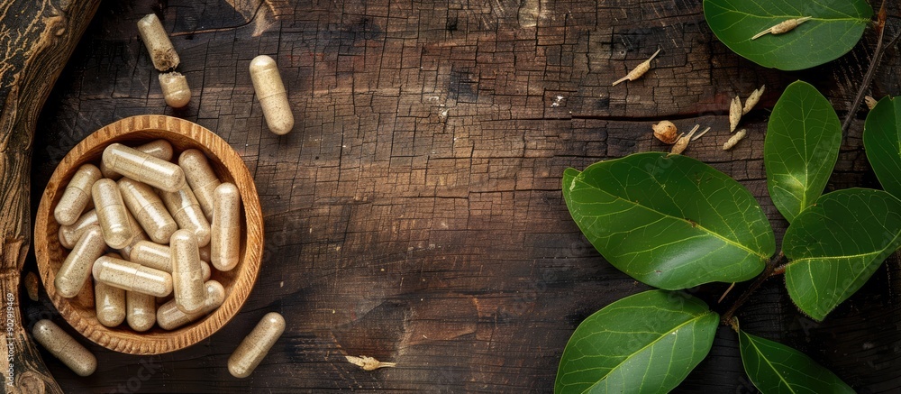Poster top view of rustic wooden background with ashwagandha withania somnifera capsules ideal for a health