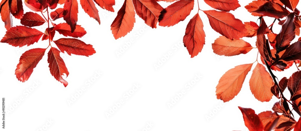 Poster Foliage of red rowan leaves against a white backdrop creating an autumn themed frame with a blank area for additional content like a copy space image