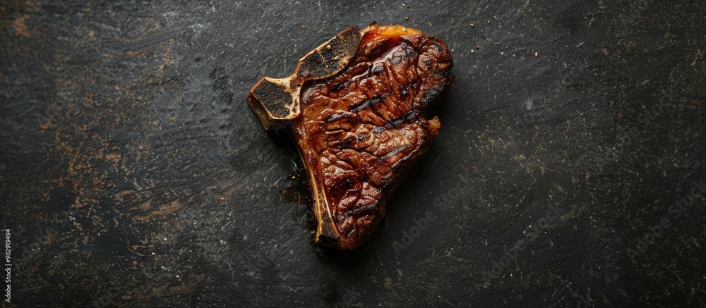 Aufkleber Top down view of a T bone steak on a stone surface providing ample copy space in the image