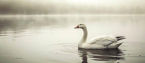 Fototapeta premium Go seek peaceful elements in a serene copy space image of a white goose gracefully swimming on a pond in spring