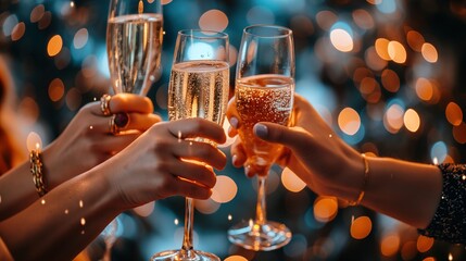 Female friends group cheering glasses with champagne image. Women celebrating festive event photography scene wallpaper. Holiday party alcohol drinks concept photorealistic photo