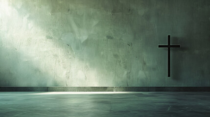 Naklejka premium Empty room with a single black cross on a weathered concrete wall, lit by a beam of sunlight