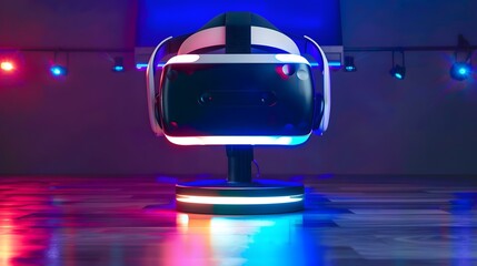 VR Headset on a Rotating Stand in a Dimly Lit Studio