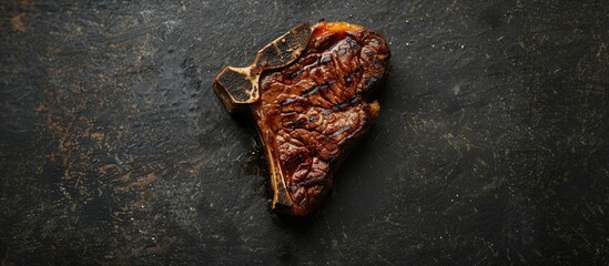 Top down view of a T bone steak on a stone surface providing ample copy space in the image
