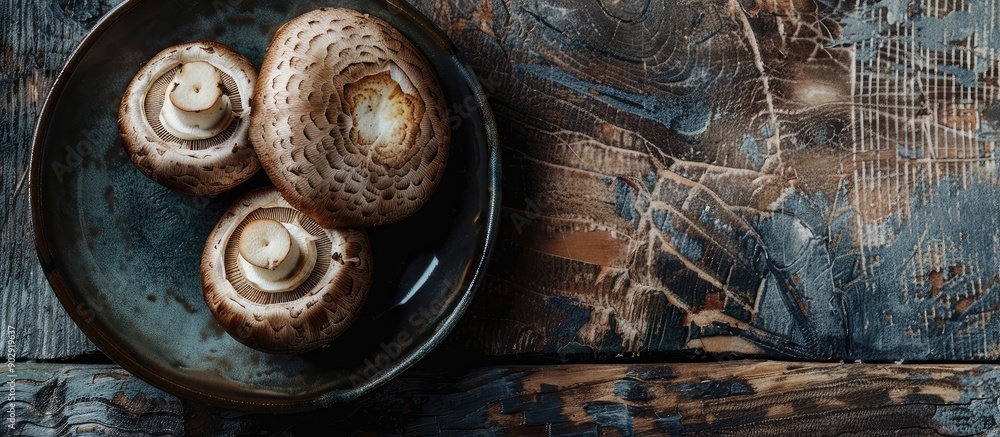 Poster A rustic top view image of a champignon slice on a plate set on a table with a copy space food background showcases a delightful mushroom snack or meal