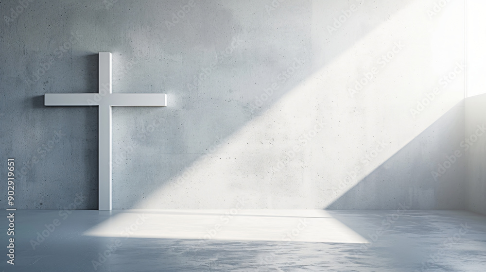 Poster sunbeam casting shadow on white cross in empty room with concrete wall