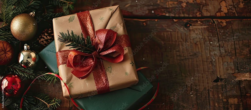 Fototapete a holiday gift wrapped in festive paper and ribbon placed on a table for display with a top view to 