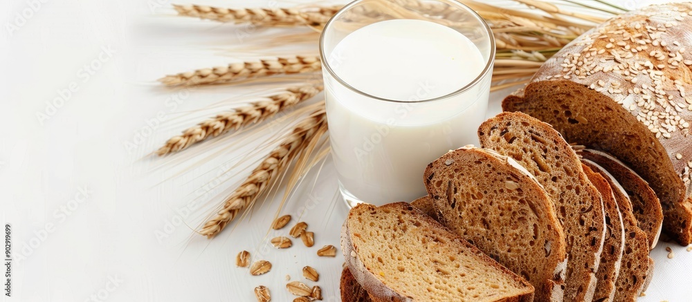 Poster healthy food concept with a glass of milk and whole wheat bread on white background for text placeme