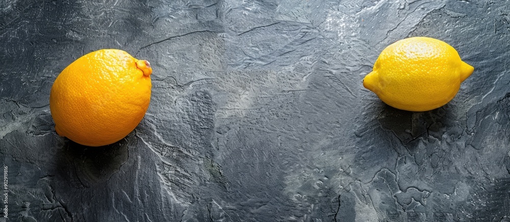Poster yellow ripe lemon on a dark stone background with copy space image
