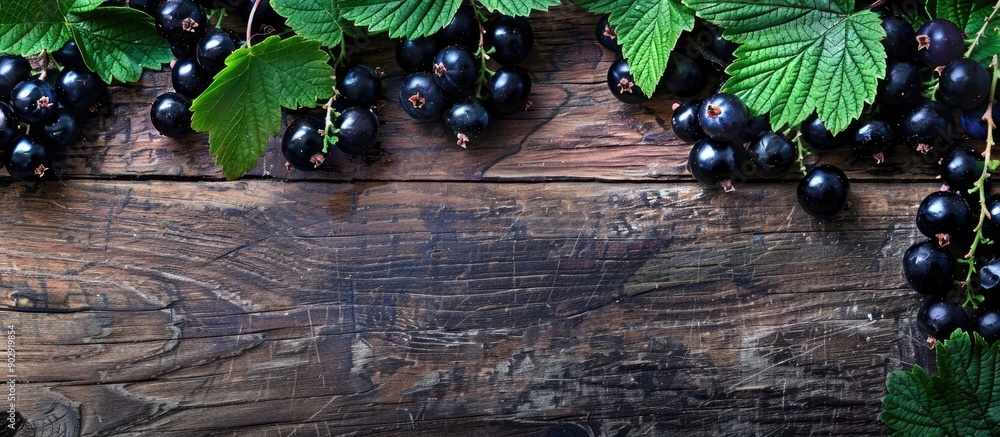 Aufkleber Wooden rustic table with ripe blackcurrants leaves and a clear area for text ideal for a copy space image