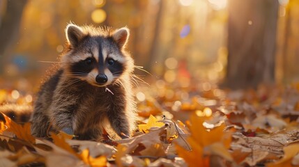 A baby raccoon playing with leaves in the morning sun