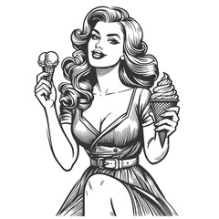 Fototapeta premium smiling pin-up girl with wavy hair with two ice cream cones, retro style sketch engraving generative ai fictional character vector illustration. Scratch board imitation. Black and white image.