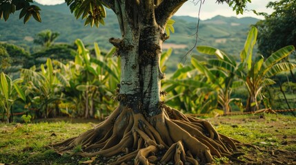 Dragon fruit tree trunk beauty in summer with spreading roots