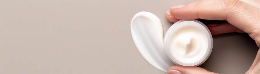 Closeup of a hand applying a mixture of cream, balm, and peptide to the skin, rejuvenating skincare routine