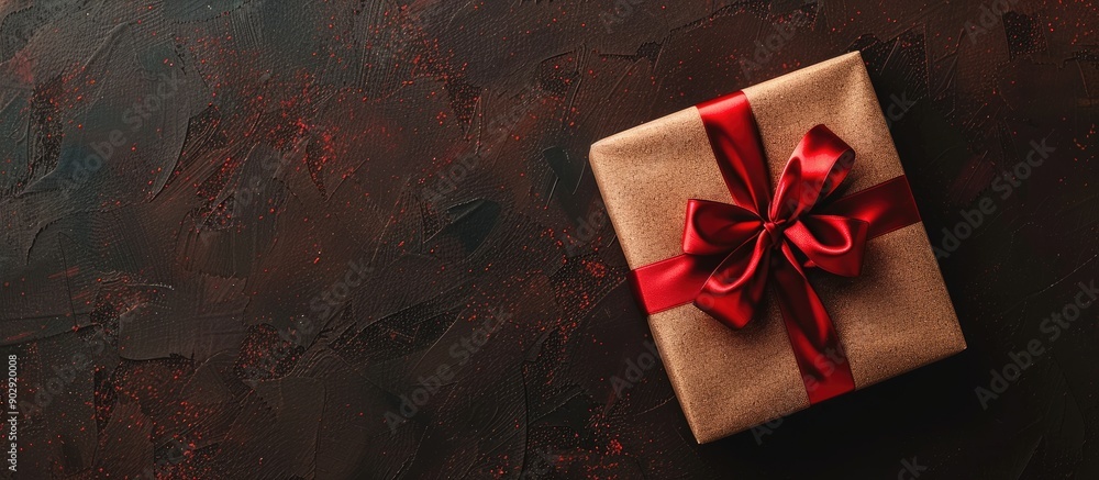 Fototapete a holiday gift wrapped in festive paper and ribbon placed on a table for display with a top view to 