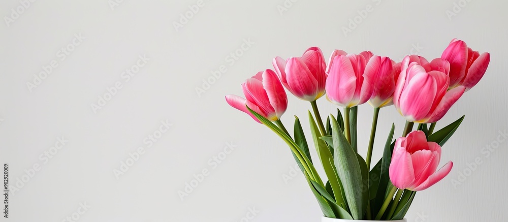 Poster pink tulips in a vase against a white backdrop with copy space image