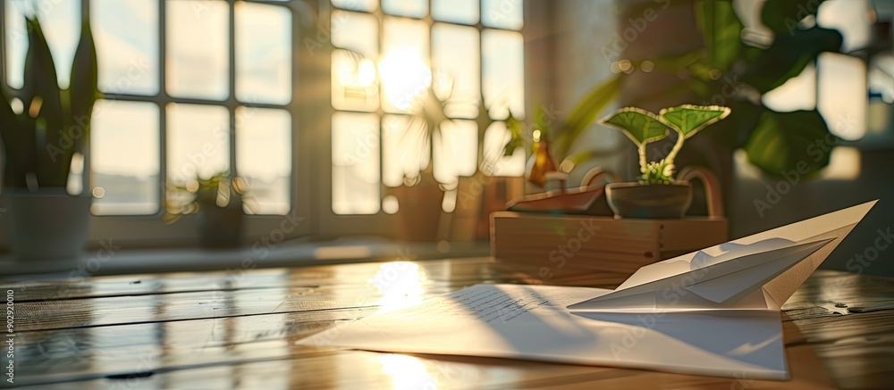 Poster paper airplane on desk with copy space image in the background