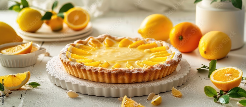 Aufkleber traditional french lemon tart dessert with lemon curd on a table with citrus fruits creating a delic
