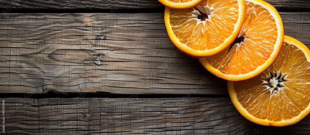 Poster Freshly sliced oranges arranged on a rustic wooden surface with copy space image