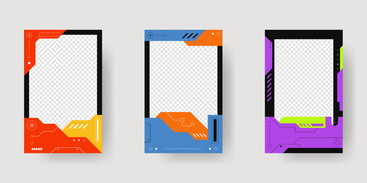Collection of player frames template. Cyberpunk style. Game card frame mockup template design.