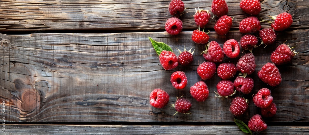 Poster top view of ripe raspberries on a wooden background ideal for banners with copy space image flat lay
