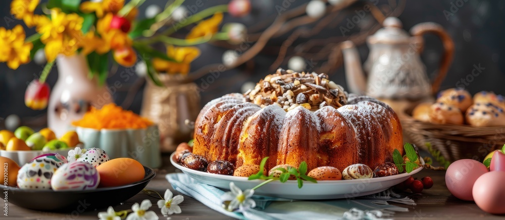 Poster festive homemade easter kulich cake displayed on a table featuring a copy space image with a backdro