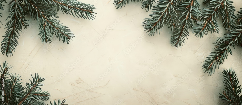 Poster vintage christmas template featuring a border of fresh pine branches on a light background providing