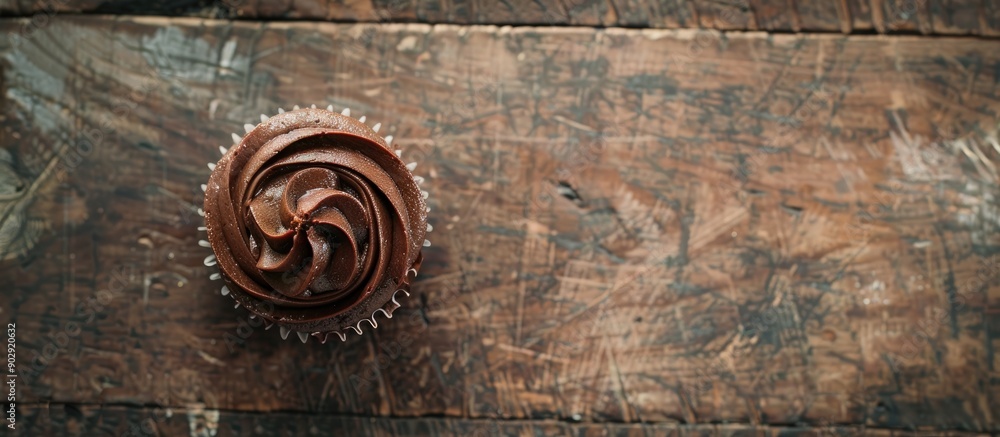 Aufkleber rustic top view of a chocolate cupcake on a table with copy space image for a delightful meal or sna