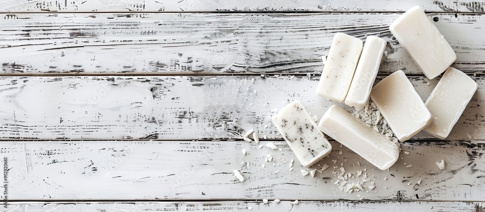 Poster White wooden table with soap blocks no isolated with copy space image