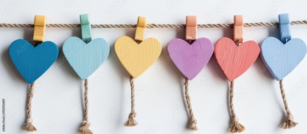 Poster A variety of heart shaped clips in different colors set against a white backdrop tightly fastened with a rope providing a copy space image