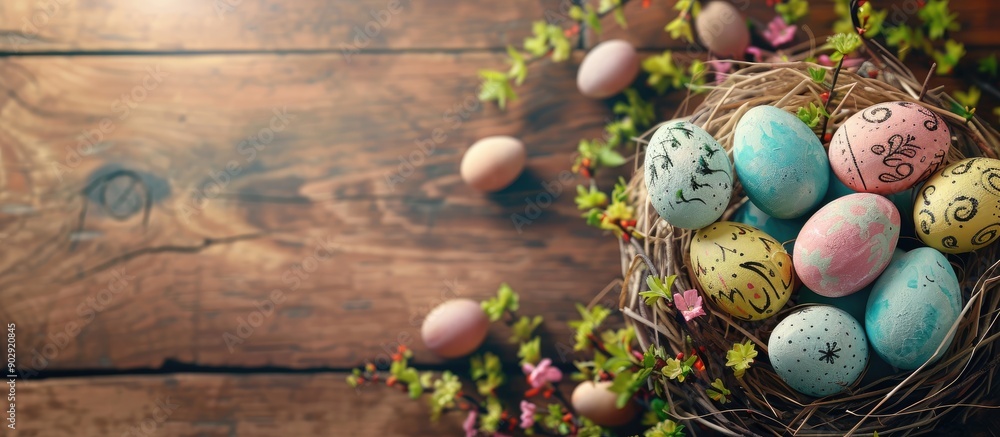 Poster easter greetings with a celebratory background featuring selective focus a top down view and horizon