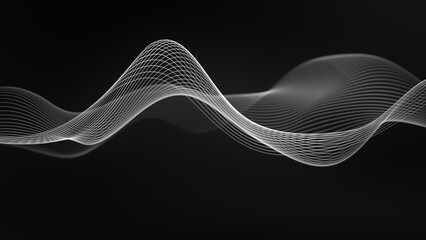 White wave on a black background. Vector wave of gray color. Linear wave, graphic shape flow. Digital monochrome, black and white background. Smoke illustration. Smooth water level surface. Sci-fi, 4k