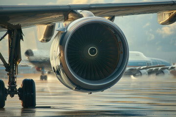 Powerful jet engine roaring while taxiing on tarmac