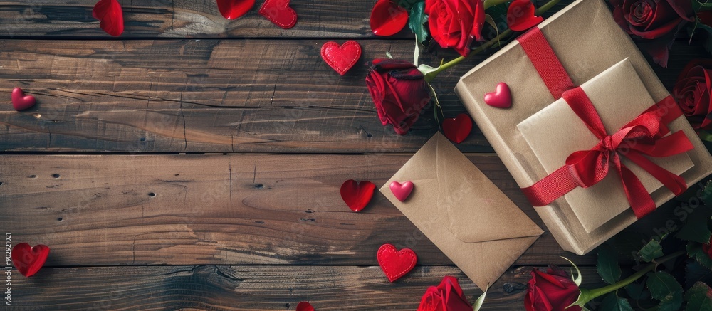 Poster Top view of a gift box red roses and a Valentine s Day card on a wooden table with space for adding an image. Creative banner. Copyspace image