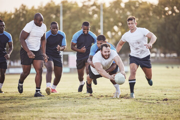 Rugby, man and diving with ball for score or win touchdown with a try, tackle and competitive sports or game. Team, athlete and field for football or running for championship tournament and match.