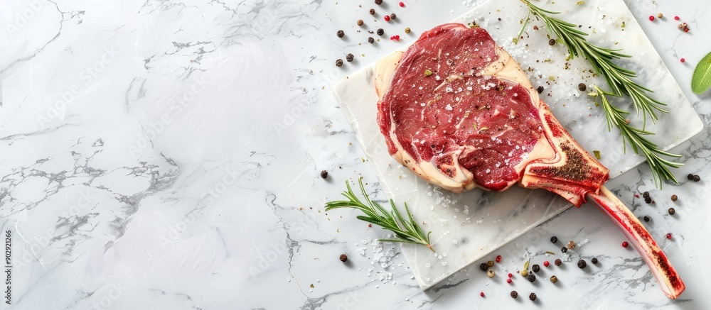 Poster Top view of a raw tomahawk steak with spices and herbs on a white stone background ideal for cooking with the possibility of adding text with a copy space image
