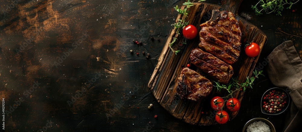 Poster Tasty grilled steak with a rustic backdrop for copy space image
