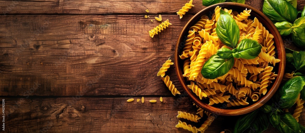 Poster Italian cuisine displayed with dry pasta and fresh basil on a rustic wooden background captured from above with ample copy space image