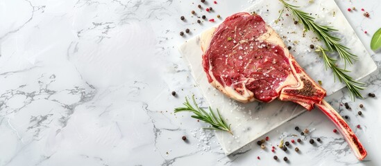 Top view of a raw tomahawk steak with spices and herbs on a white stone background ideal for cooking with the possibility of adding text with a copy space image