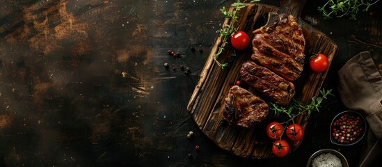 Tasty grilled steak with a rustic backdrop for copy space image
