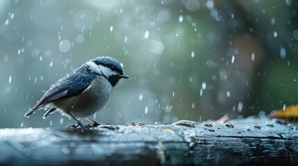A small bird with blue and white feathers standing on a rain-soaked tree branch, highlighting a serene and tranquil moment in nature amidst a downpour.