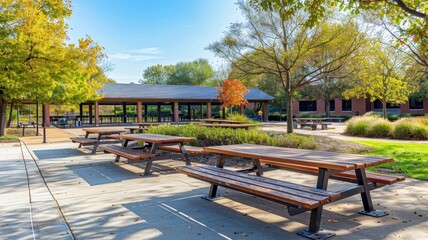 Obraz premium Sunny outdoor park with picnic tables, green trees, and a pavilion, perfect for gatherings and relaxation on a clear day.