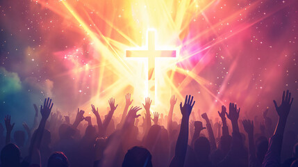 Audience lifting their hands in worship with a radiant cross in the backdrop